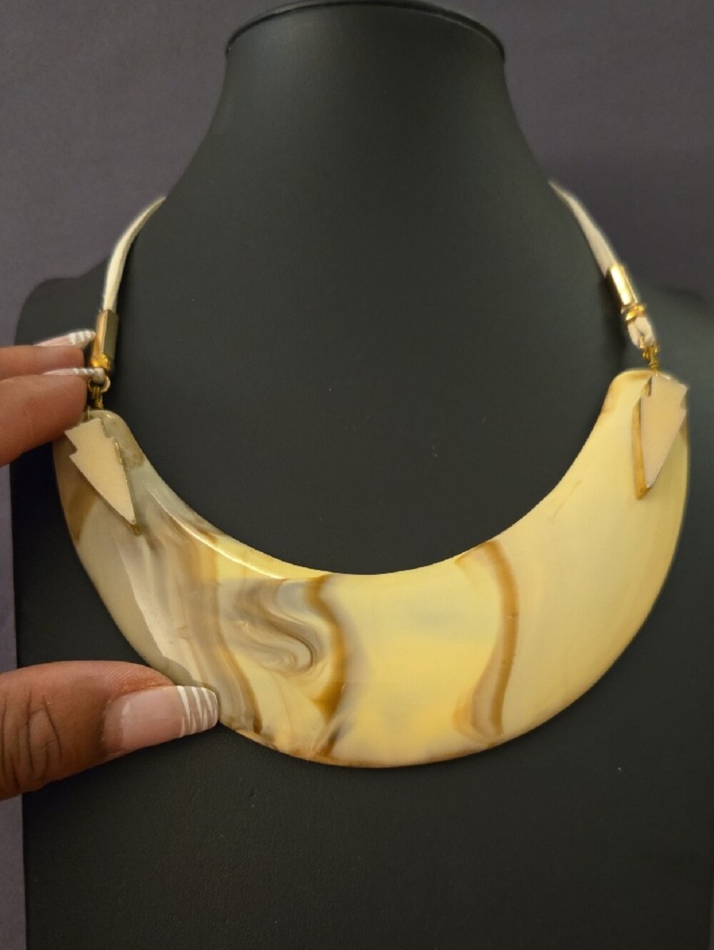 Cream Marbled Crescent Pendant Necklace with Gold-Tone Accents - Picture 2 of 3